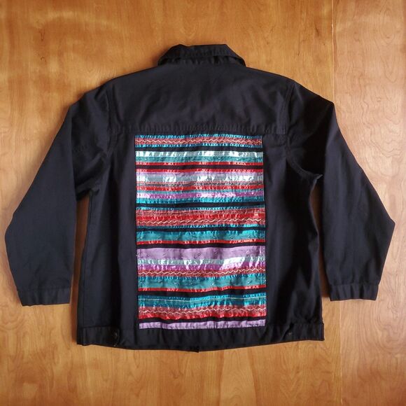 Vintage Lightweight Denim Jacket 1X Black Stripe Button Front Western Southwest - Picture 8 of 11